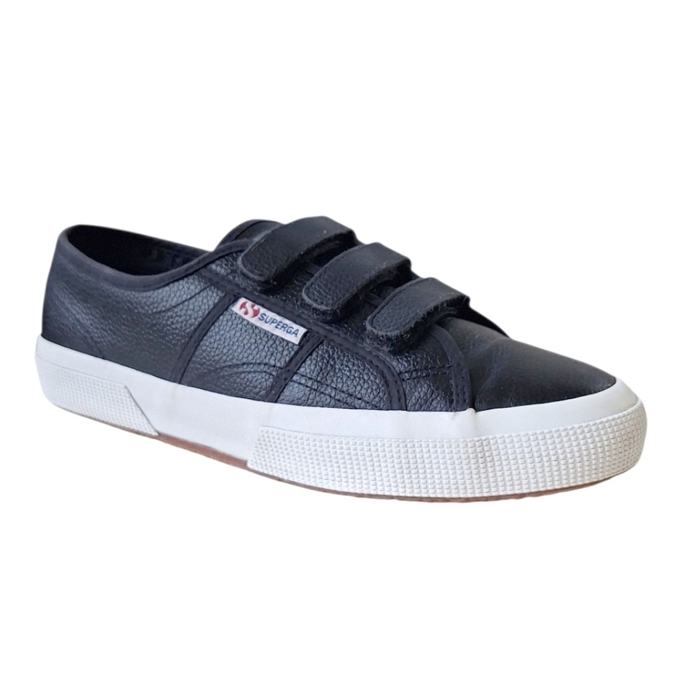 Superga Unisex Black Leather Platform Sneakers Velcro Closure Men 7.5 Womens 9